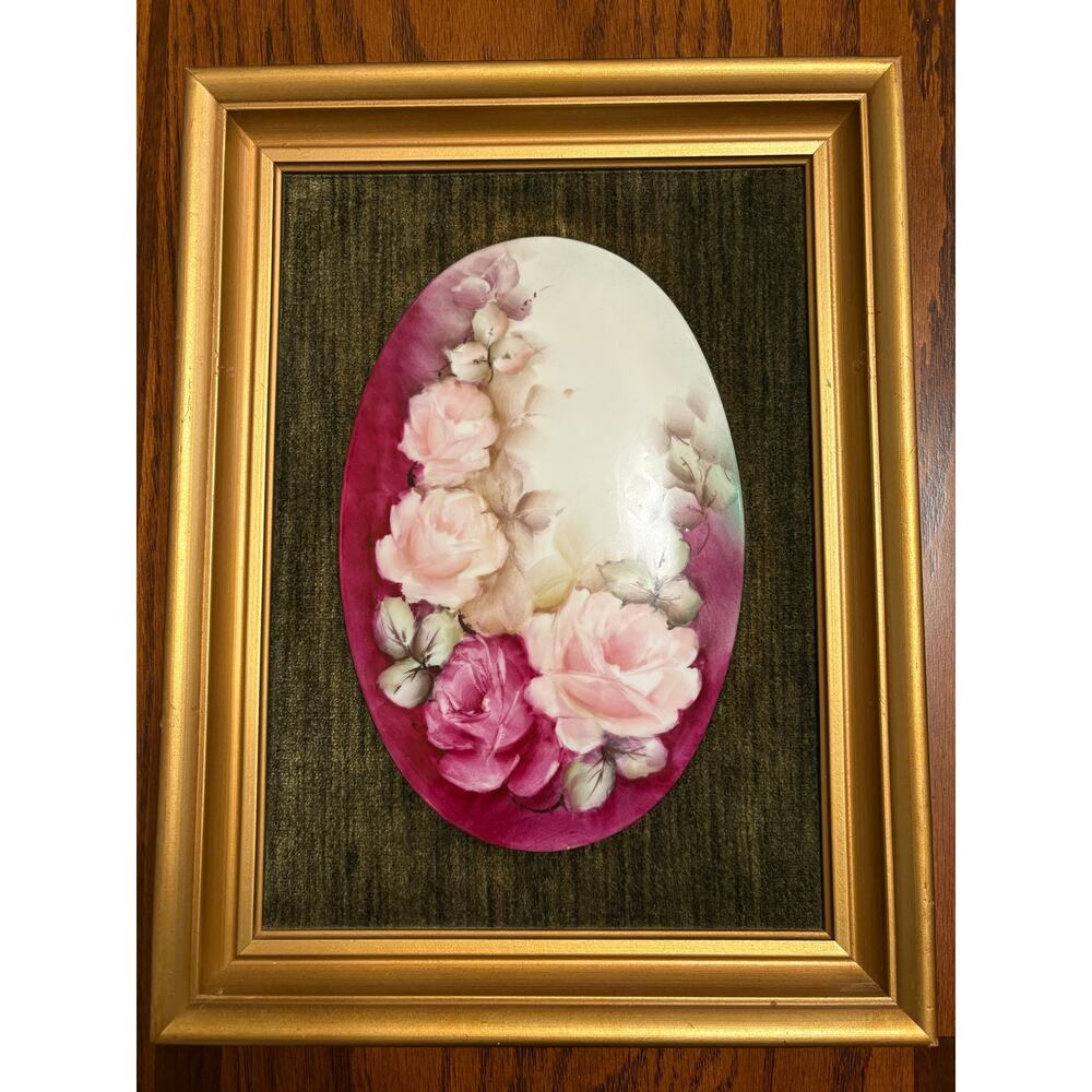 Antique Framed Oval Hand Painted Porcelain Tile on Green Velvet
